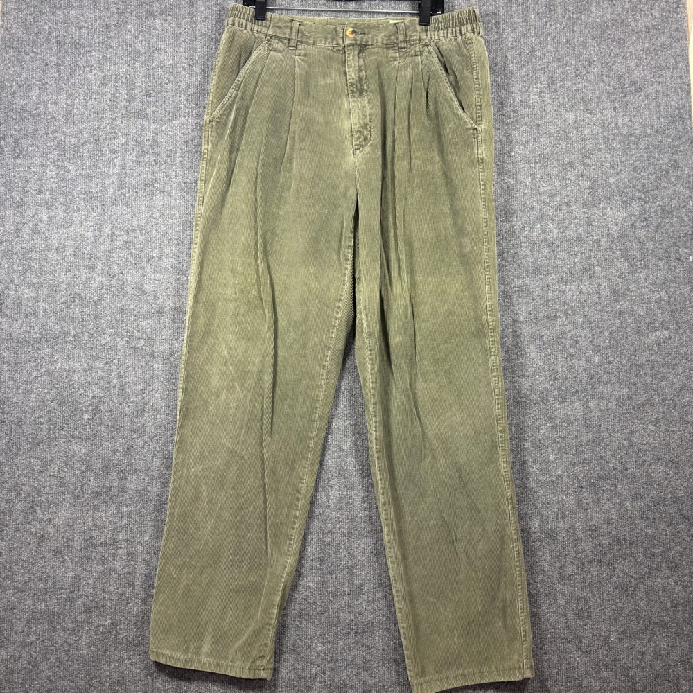 Vintage 90s Eddie Bauer Mens 36 (Fits 36x33) Olive Green Pleated Corduroy Pants